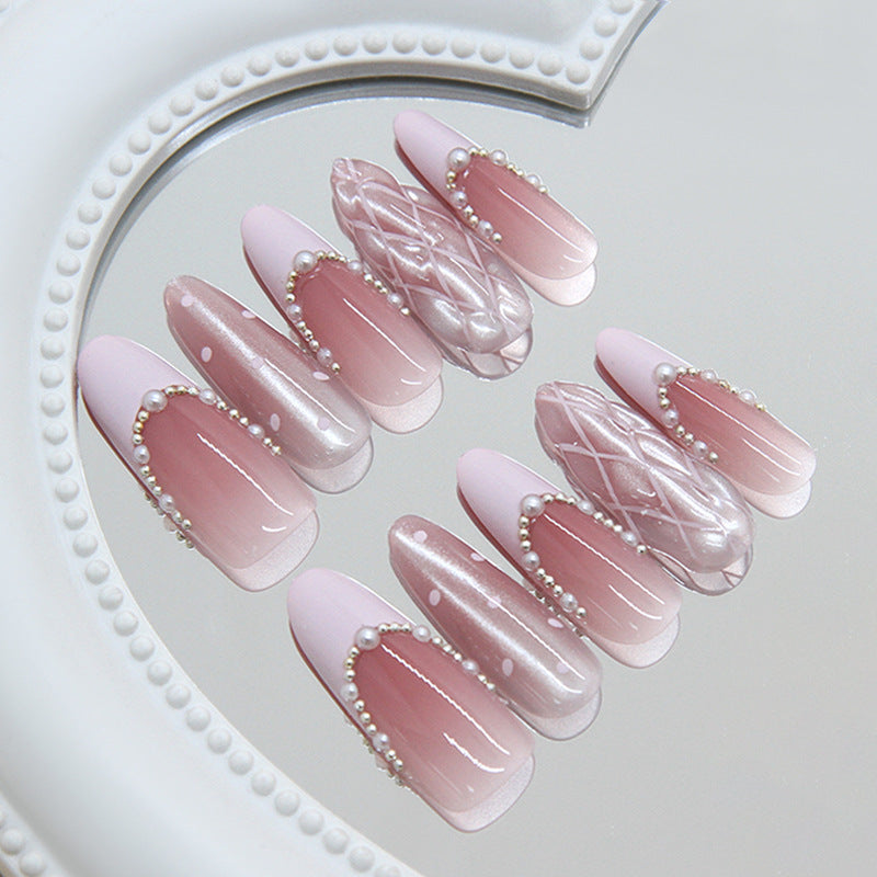 Elegant Pearl Embellished Long Almond Pink Press-On Nail Set