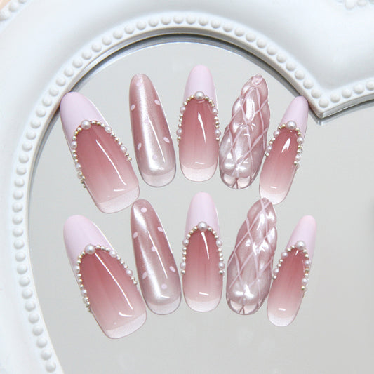 Chic Romance Long Almond Blush Pink with Pearl Accents Press On Nail Set