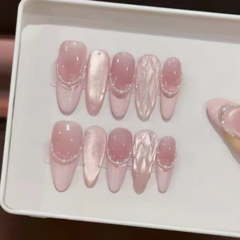 Elegant Rose Quartz Long Almond Pink with Shimmering Pearls Press-On Nail Set
