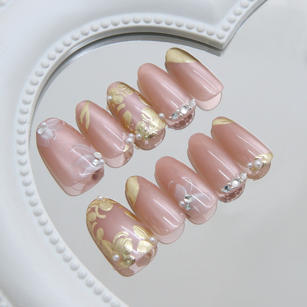 Elegant Floral Inspiration Medium Oval Pink with Gemstone Accents Press on Nail Set