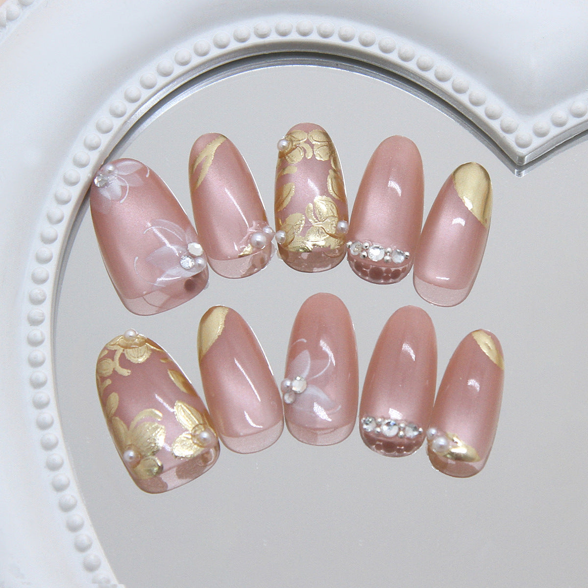 Elegant Floral Fantasy Medium Oval Blush Pink Press On Nail Set with Pearl and Gold Accents