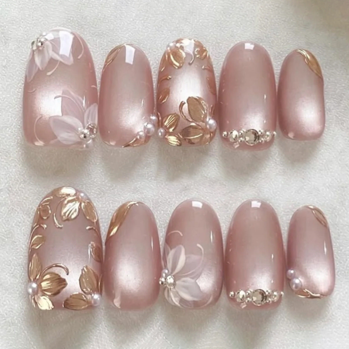 Blossom Elegance Short Round Pink with Gold Floral Accents Press On Nail Set