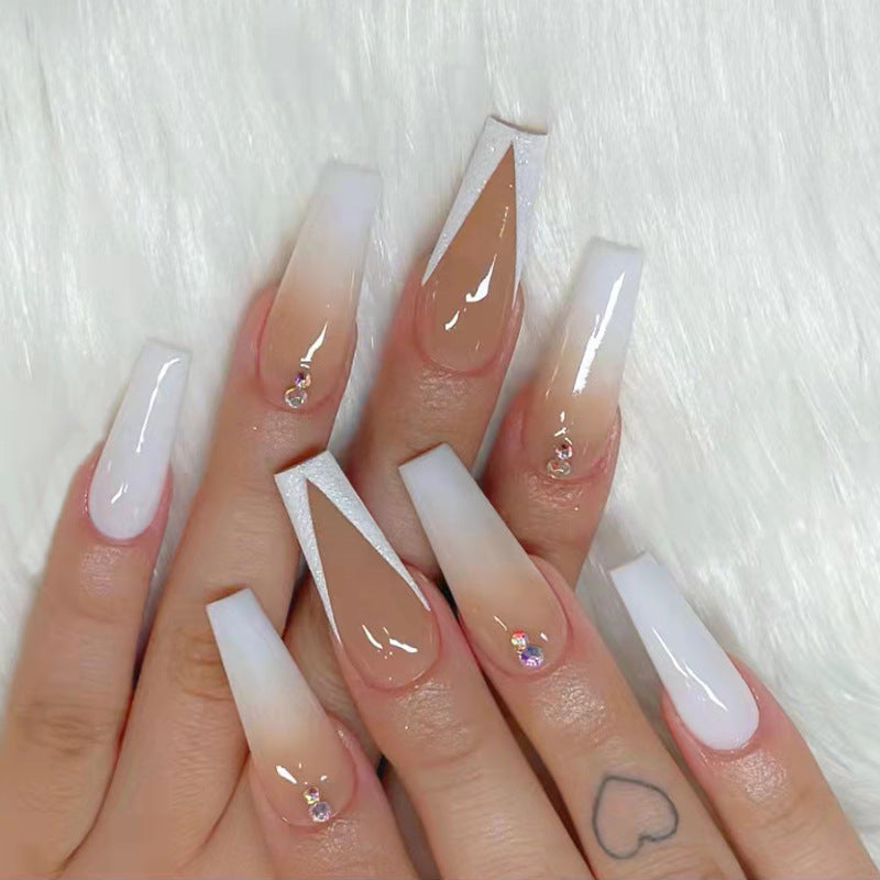 Elegant Bridal Long Coffin Ombre Press On Nail Set with Rhinestone Accents