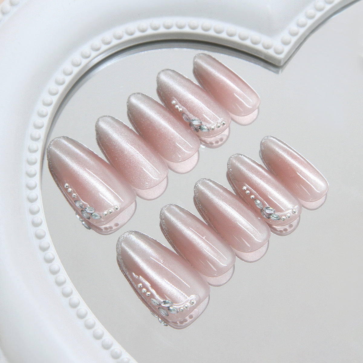 Elegant Morning Dew Medium Almond Pink Press On Nail Set with Sparkling Accent