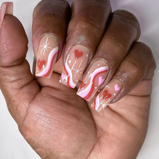 Enchanted Valentine Long Square Pink Swirl and Heart Design Press On Nail Set with Sparkling Accents