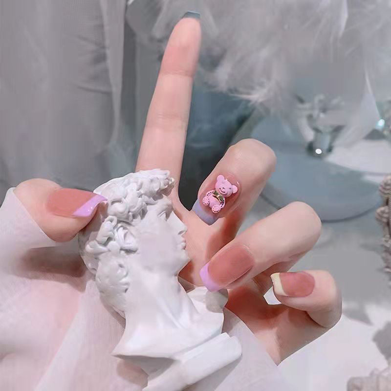 Mythical Elegance Short Round Pastel Pink Gradient Press On Nails with Adorable Bear Accents