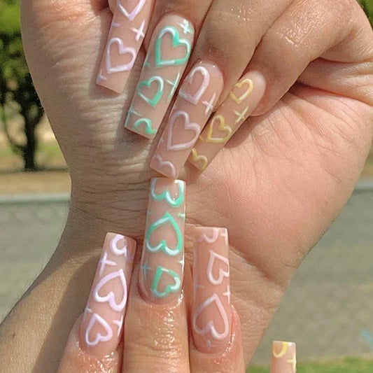 Enchanted Pastel Love Long Coffin Press-On Nail Set with Heart Designs in Soft Pink and Mint Green Colors