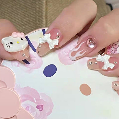 Whimsical Cat Themed Medium Coffin Pink Press On Nail Set With 3D Bow Accents