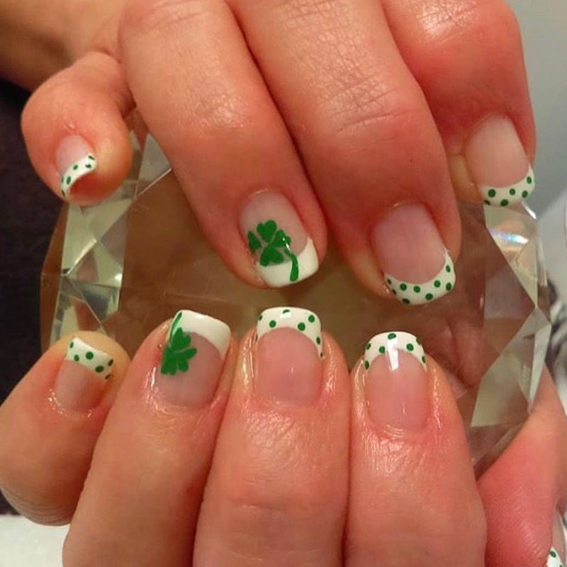 Lucky Charm Themed Short-Length Square White Press-On Nails with Green Polka Dots and Shamrock Accents