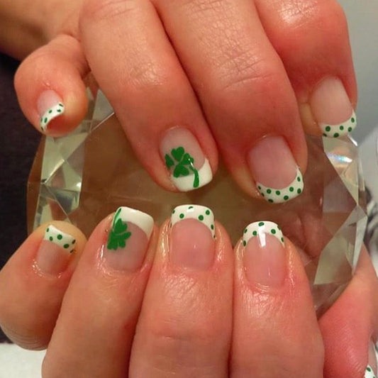 Lucky Charm Themed Short-Length Square White Press-On Nails with Green Polka Dots and Shamrock Accents