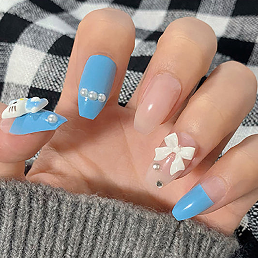 Elegant Pastel Fantasy Medium Coffin Blue and Clear Press On Nail Set with Embellished Bow Accent