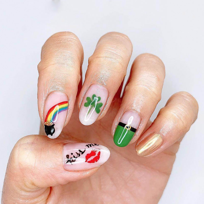 Lucky Charm Medium Length Round Shape Multicolor Press On Nail Set with Playful Irish Icons