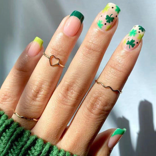 Lucky Charm Medium-Length Square Green and Yellow Press On Nail Set with Clover Accents