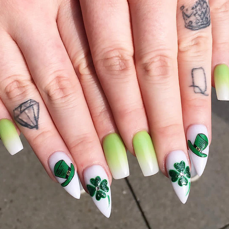 Lucky Charm Long Stiletto Ombre Green and White Press On Nail Set with Sparkling Clover Accents