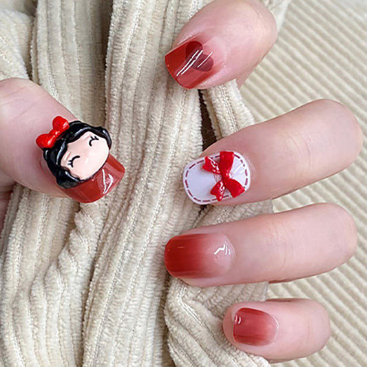 Enchanted Fairytale Short Round Red Press On Nail Set with 3D Character Accent Design