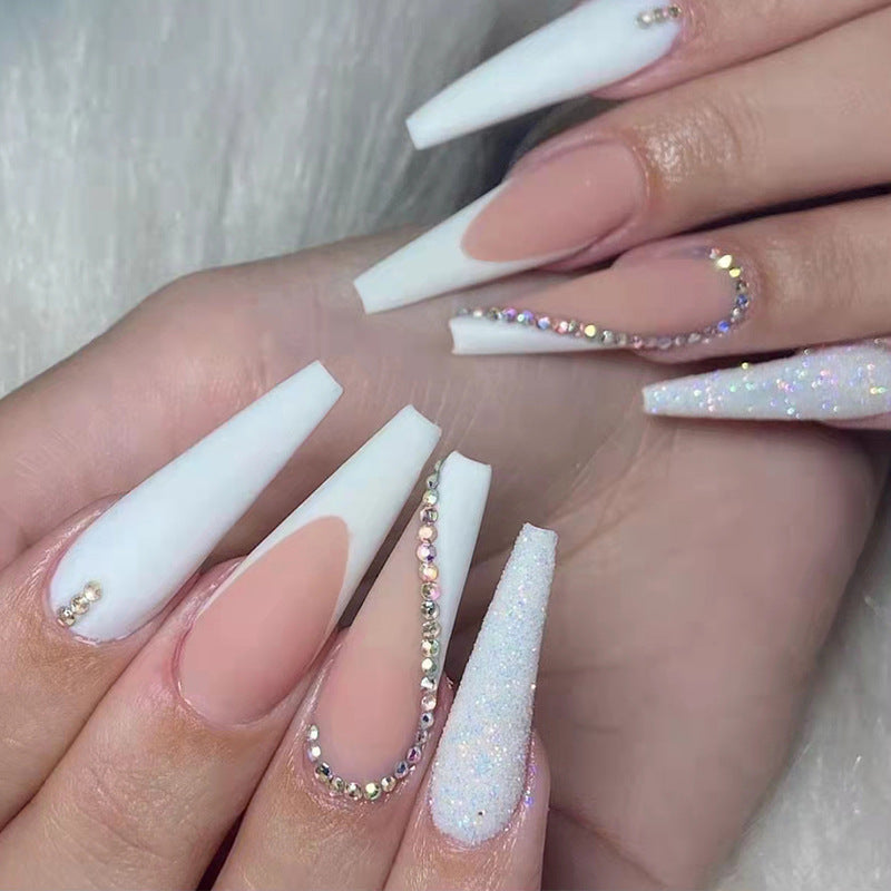 Elegant Bridal Long Coffin White Press On Nail Set with Rhinestone Accents and Glitter Finish