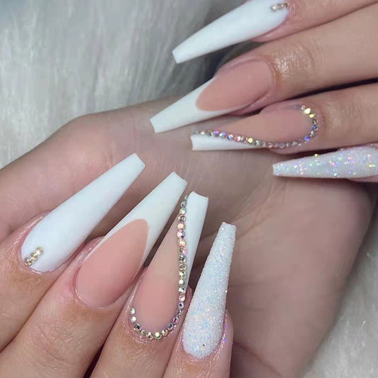 Elegant Bridal Long Coffin White Press On Nail Set with Rhinestone Accents and Glitter Finish