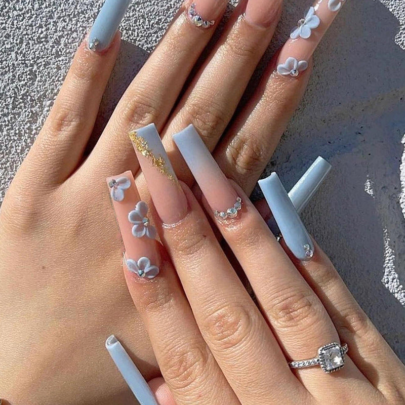 Spring Blossom Extra Long Coffin Pastel Blue and Pink Press on Nail Set with 3D Flower Accents and Gold Flakes