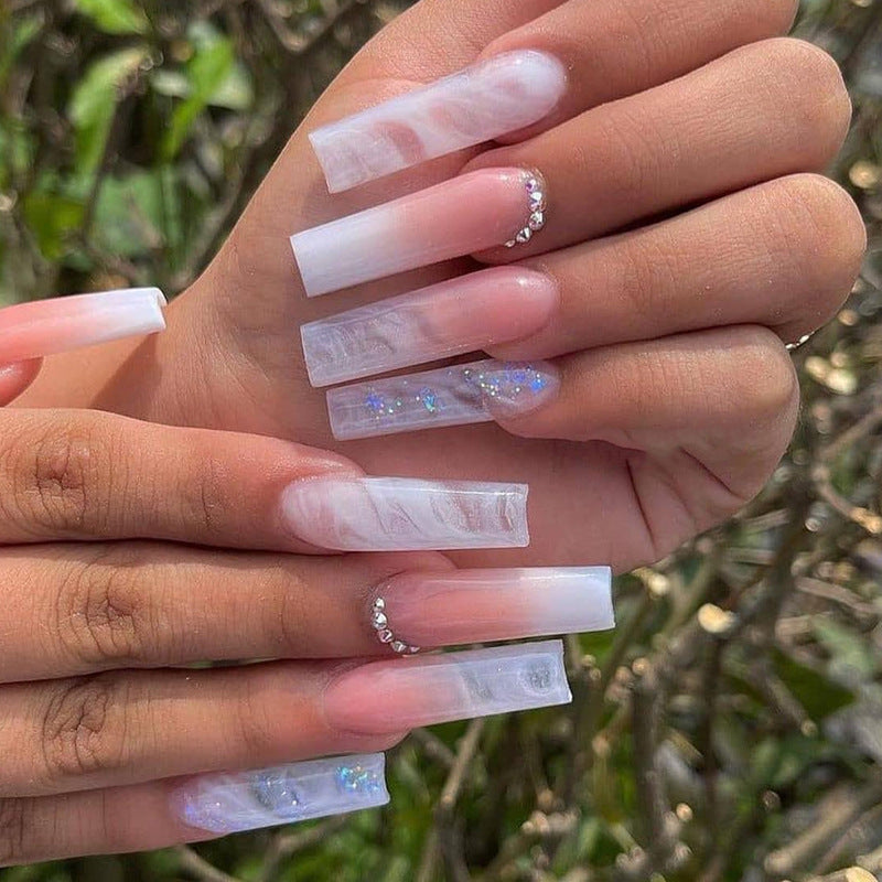 Enchanted Garden Extra-Long Coffin Shape Iridescent White Press-On Nails with Glitter Accents