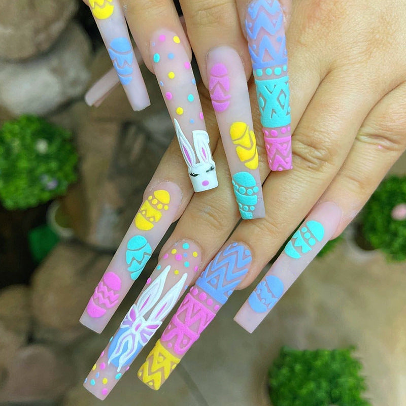 Easter Elegance Extra Long Coffin Pastel Press On Nail Set with Playful Bunny Art Design