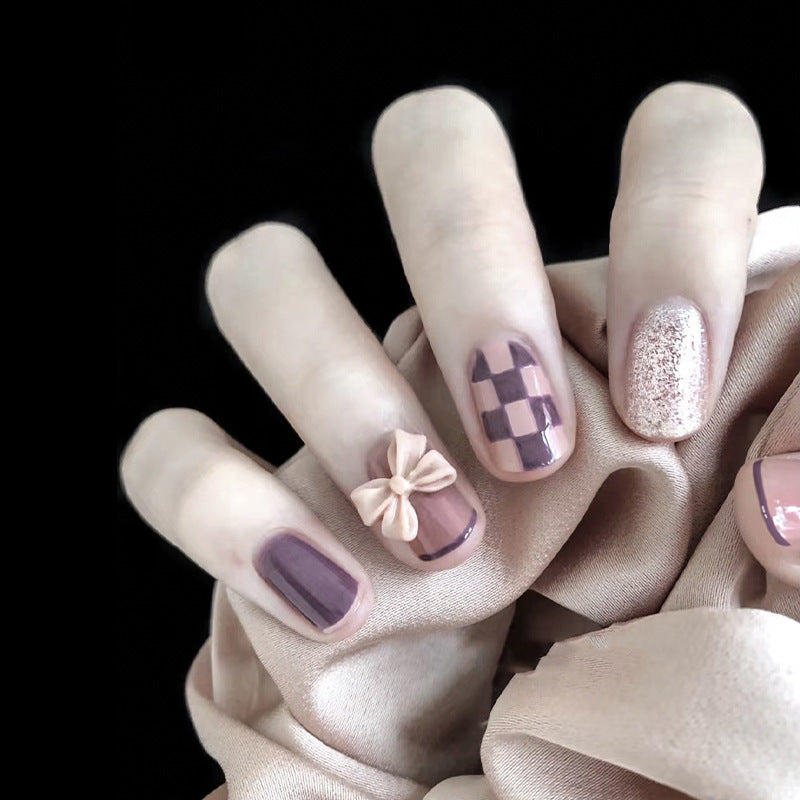 Elegant Affair Short Round Mauve Press On Nails with Glitter Accent and Bow Detail