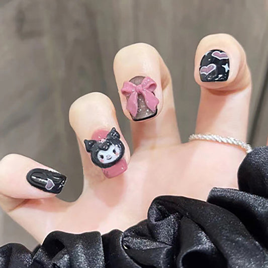 Enchanted Feline Fantasy Short Round Press On Nail Set In Black And Pink With 3D Kitty Accents