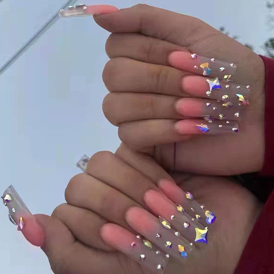Starry Night Long Coffin Peach Pink Press On Nail Set with Sparkling Rhinestone Accents