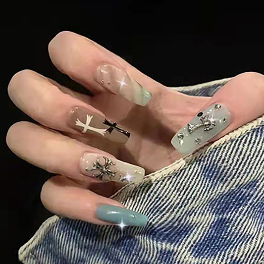 Nautical Adventure Long Coffin-Shaped Press On Nail Set in Seafoam Green and Translucent with Rhinestone Accents