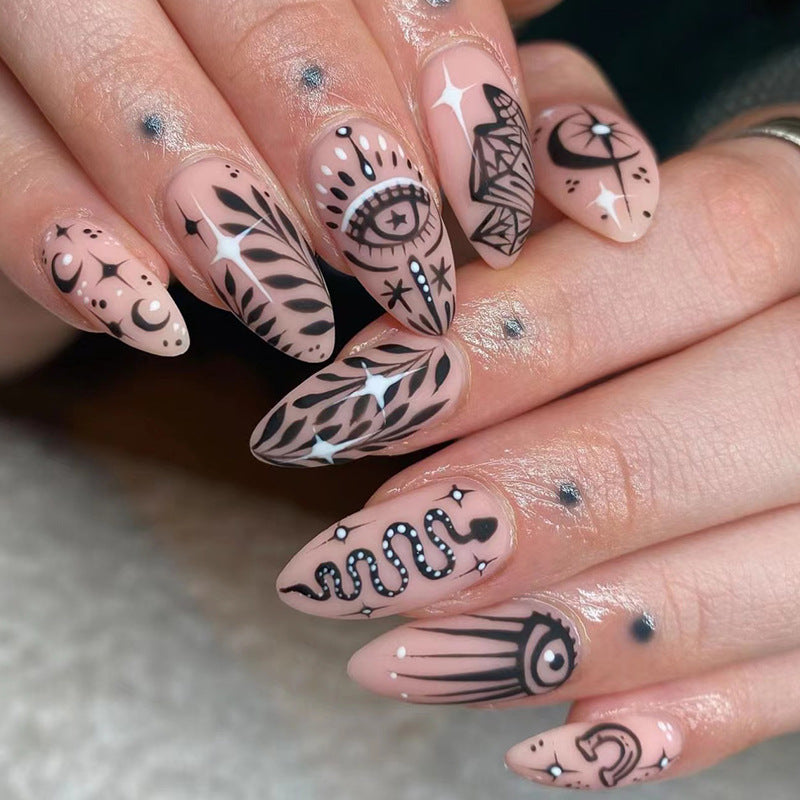 Bohemian Elegance Extra Long Almond Pink Press On Nails with Black Tribal Accents