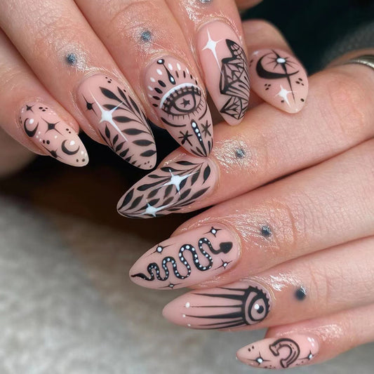 Bohemian Elegance Extra Long Almond Pink Press On Nails with Black Tribal Accents