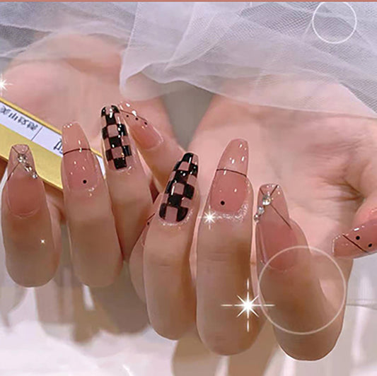 Elegant Evening Long Coffin Black and Beige Press-On Nails with Rhinestone Accents