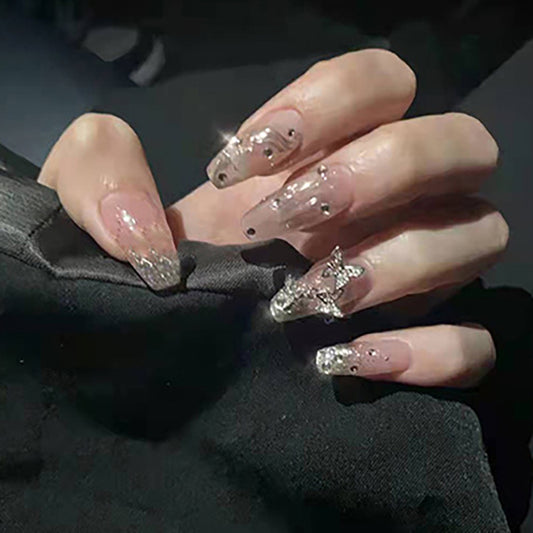 Starry Night Long Coffin Clear Press On Nails with Sparkling Accents and Rhinestone Embellishments