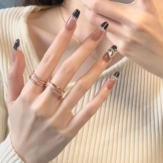 Elegant Evening Medium Coffin Black and Beige Press On Nail Set with Glitter Accents