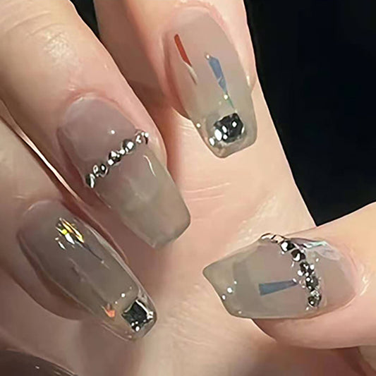 Elegant Evening Affair Long Coffin Taupe Press On Nails with Rhinestone Accents