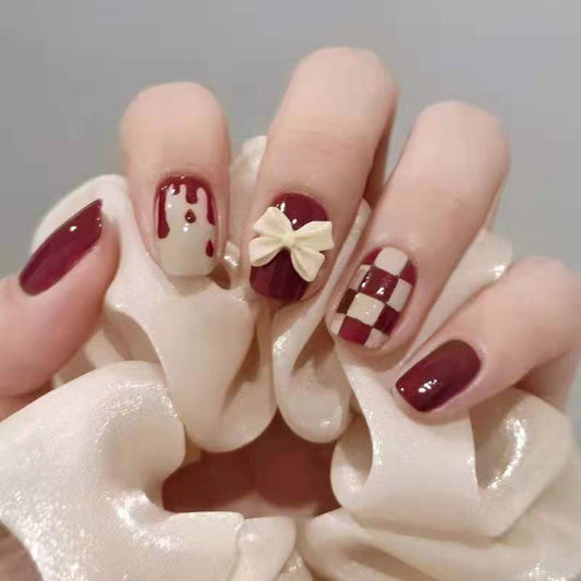 Autumn Elegance Short Round Burgundy Press On Nail Set with Bow Accent and Plaid Design