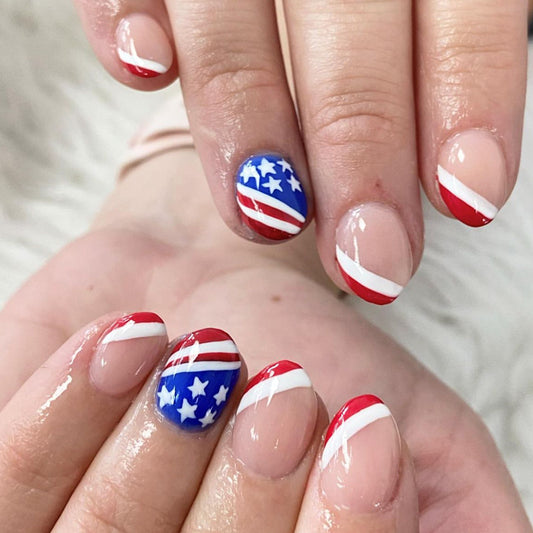 Patriotic Elegance Short Length Oval Press On Nails Red White and Blue American Flag Design