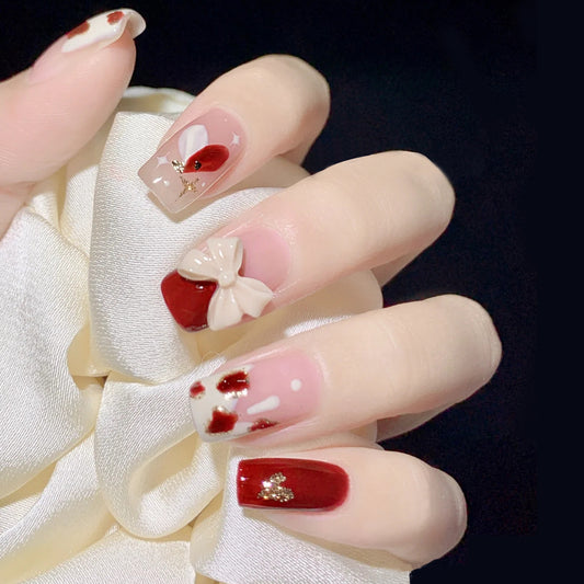 Elegant Romance Medium Square Shape Press On Nails in Red and Beige with Rhinestone Accents and Floral Design
