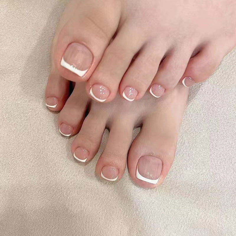 Elegant Bridal French Tip Short Length Oval Press On Nail Set - Classic White Design with Sparkling Accents