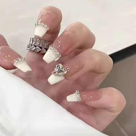 Elegant Bridal Collection Long Coffin Shape White Glitter Accented Press On Nail Set