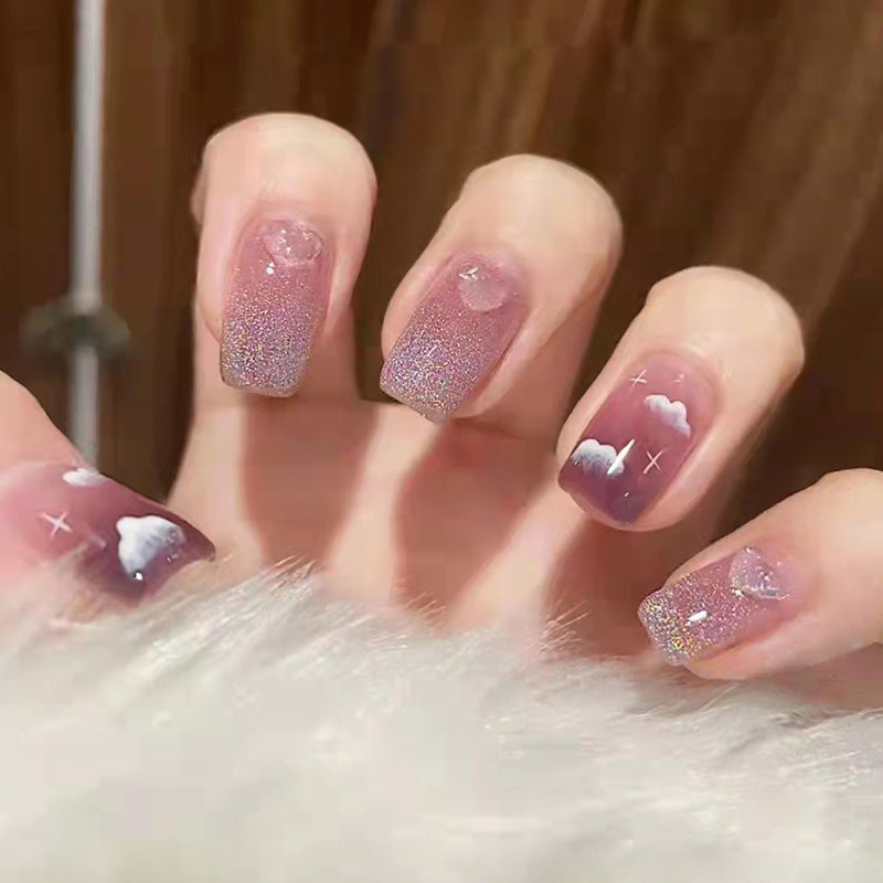 Enchanted Evening Medium Square Lavender Glitter Cloud Design Press On Nail Set