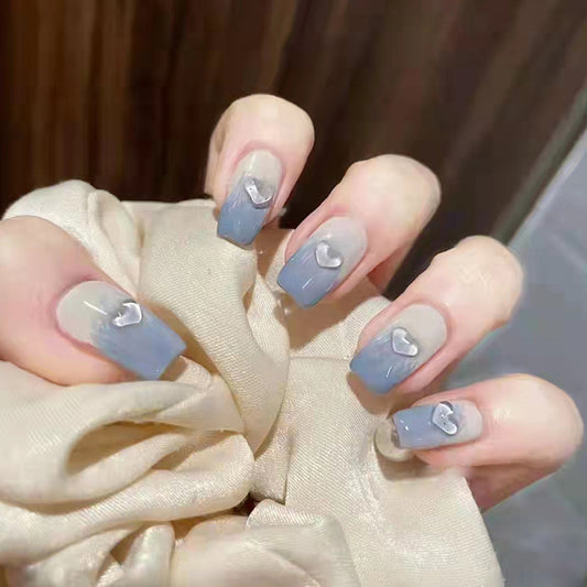 Elegant Affair Long Square Gray Ombre Press On Nails with Gemstone Hearts Detail