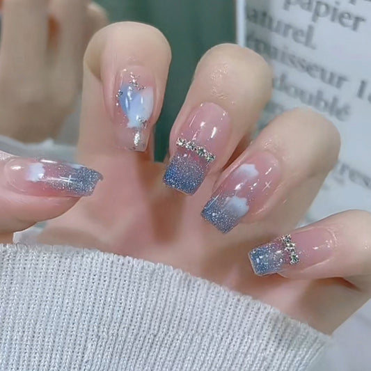 Starry Night Long Coffin Blue Ombre Glitter Accented Press On Nail Set
