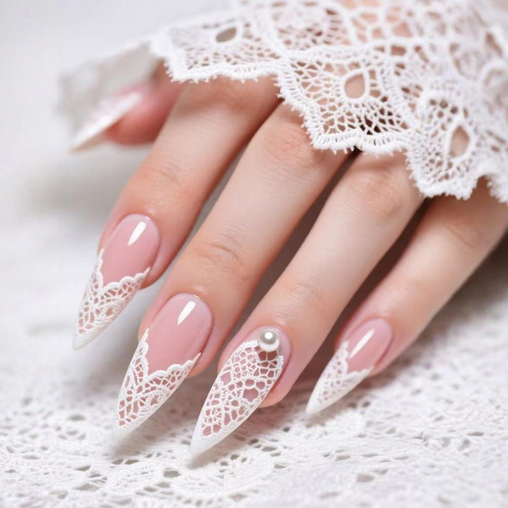 Elegant Romance Long Stiletto Pink Press-On Nail Set with Intricate Lace Design and Pearl Accent