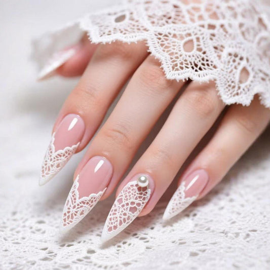 Elegant Romance Long Stiletto Pink Press-On Nail Set with Intricate Lace Design and Pearl Accent