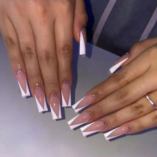 Elegant Evening Long Coffin Pink and White Ombre Press On Nail Set with Rhinestone Accents