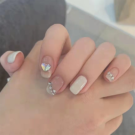 Elegant Bridal Collection: Medium-Length Oval Beige Press-on Nails Set with Rhinestone Accents