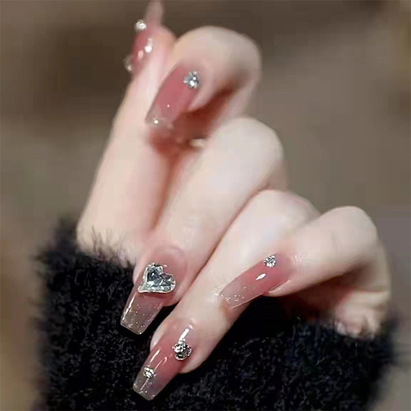Enchanted Elegance Long Coffin Beige Press On Nail Set with Rhinestone Embellishments