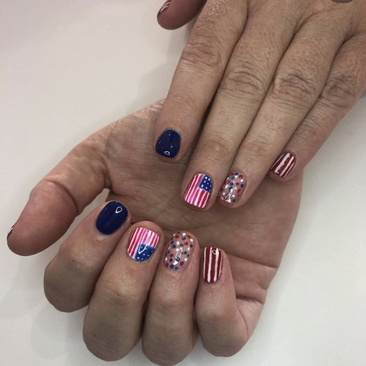 Patriotic Parade Short Oval Red White and Blue Press On Nail Set with American Flag Design