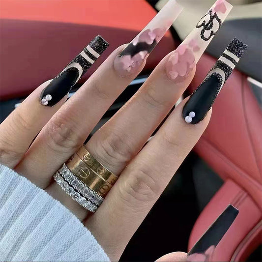 Elegant Evening Extra-Long Coffin Black and Pink Press On Nail Set with Cherry Blossom Accents and Rhinestone Detail