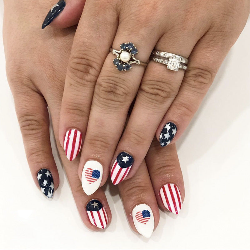 Patriotic Stiletto Medium Press On Nail Set Blue Red White Star Spangled Design